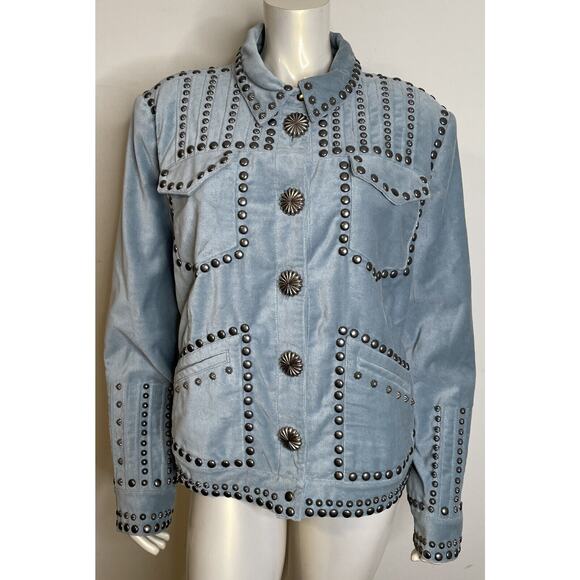 Double D Ranch Balcones Blue Velvet Inez Jacket NWT 2X Conchos Studs Pockets - Picture 1 of 16
